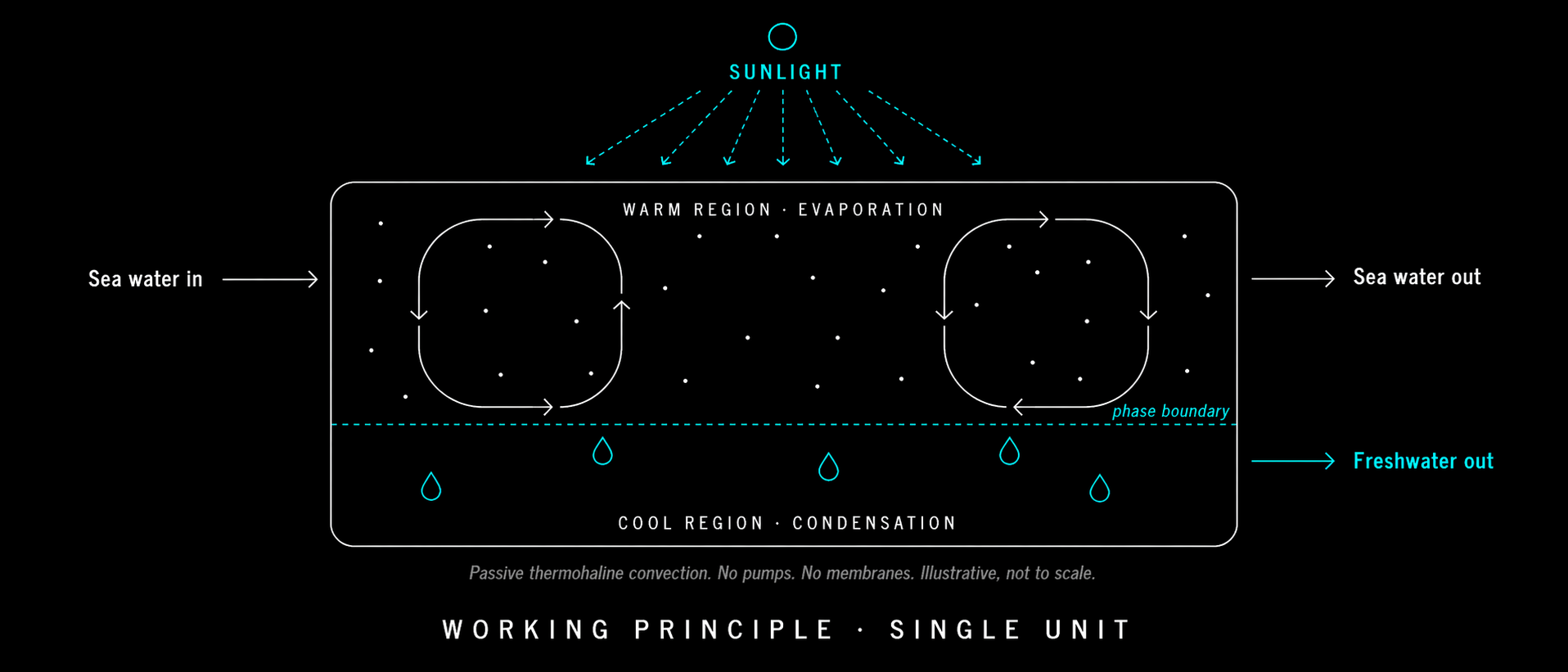 Cross-section of a single Archmedis module showing passive thermohaline convection: sunlight drives evaporation in the warm upper region, vapor crosses a phase boundary into the cooler lower region where it condenses as freshwater. Labeled flows: seawater in, thermal return, freshwater out.